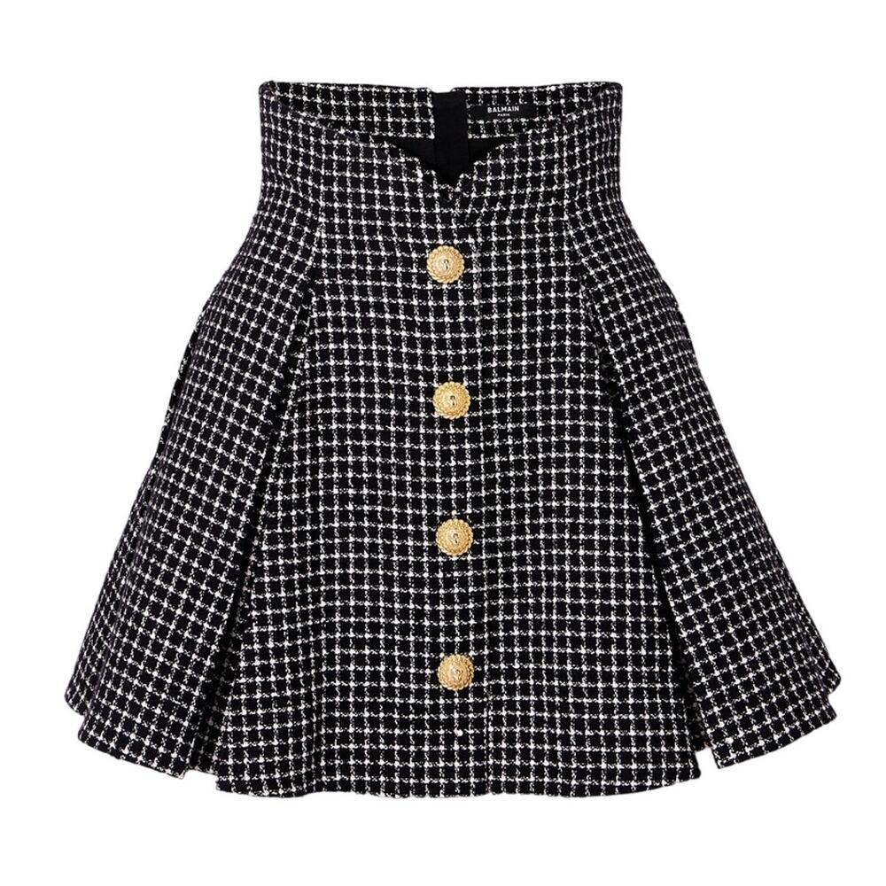 Balmain Button-Embellished Black Vichy Mini Skirt Size 36 FR / US 4